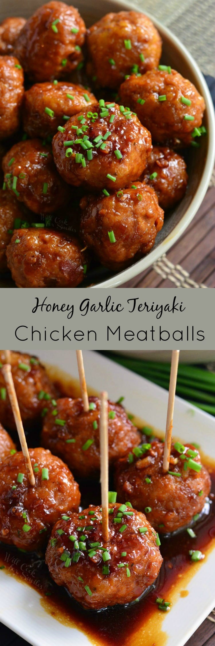 collage photo top phot is Honey Garlic Teriyaki Chicken Meatballs in a bowl and the bottom photo is meatballs with toothpicks on serving plate 