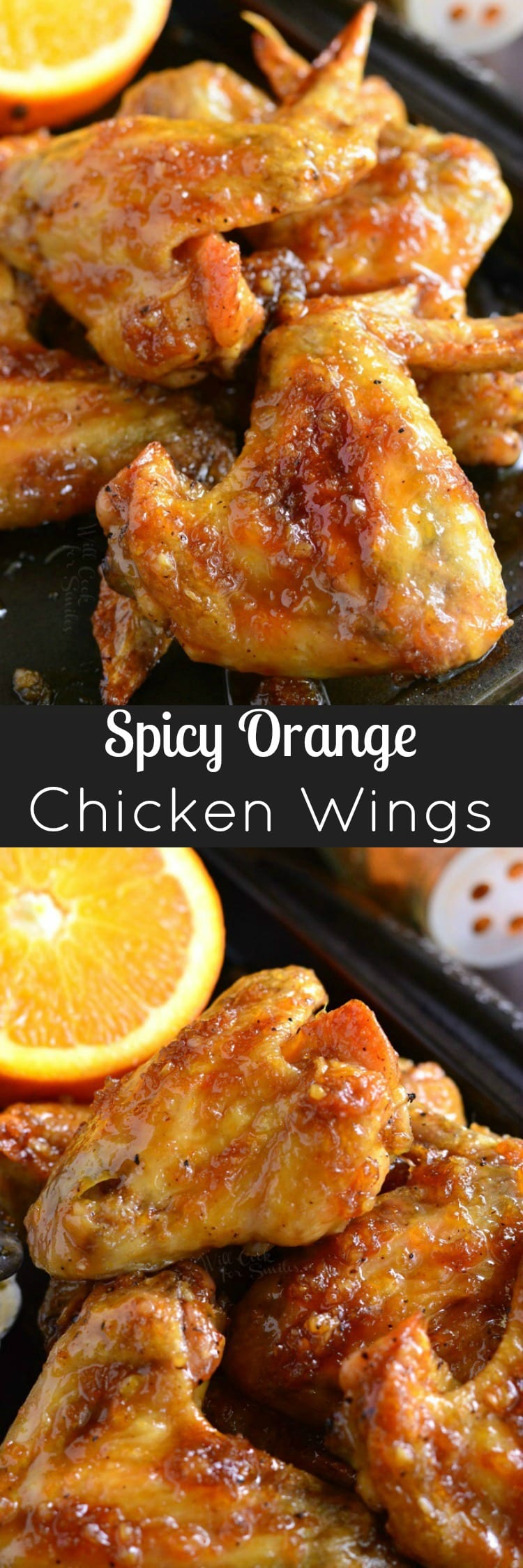 collage of Spicy Orange Chicken Wings stacked on a cooking sheet on the top right corner is a slice of orange 