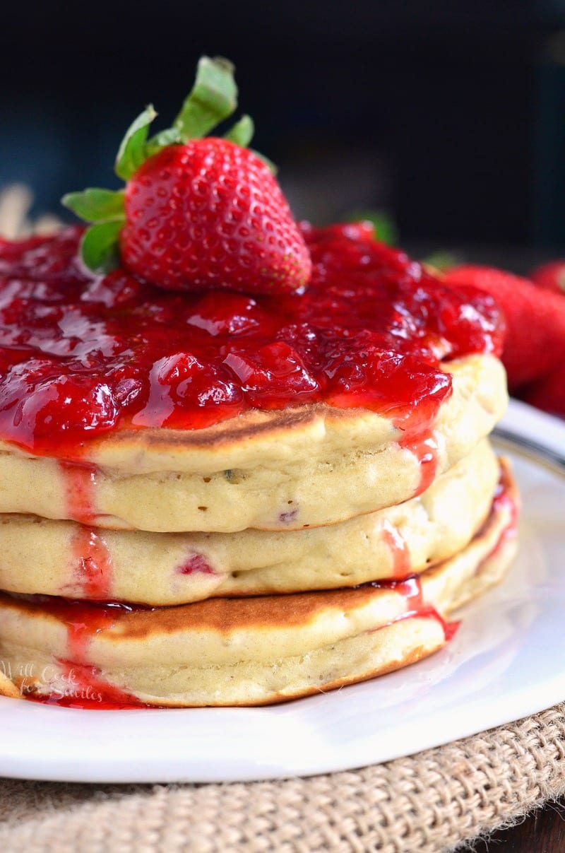 These homemade pancakes are made with fresh strawberries and lavender inside and topped with a freshly made strawberry lavender topping. 