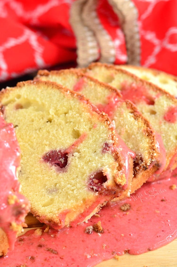 slices of pound cake on top on top of strawberry glaze.