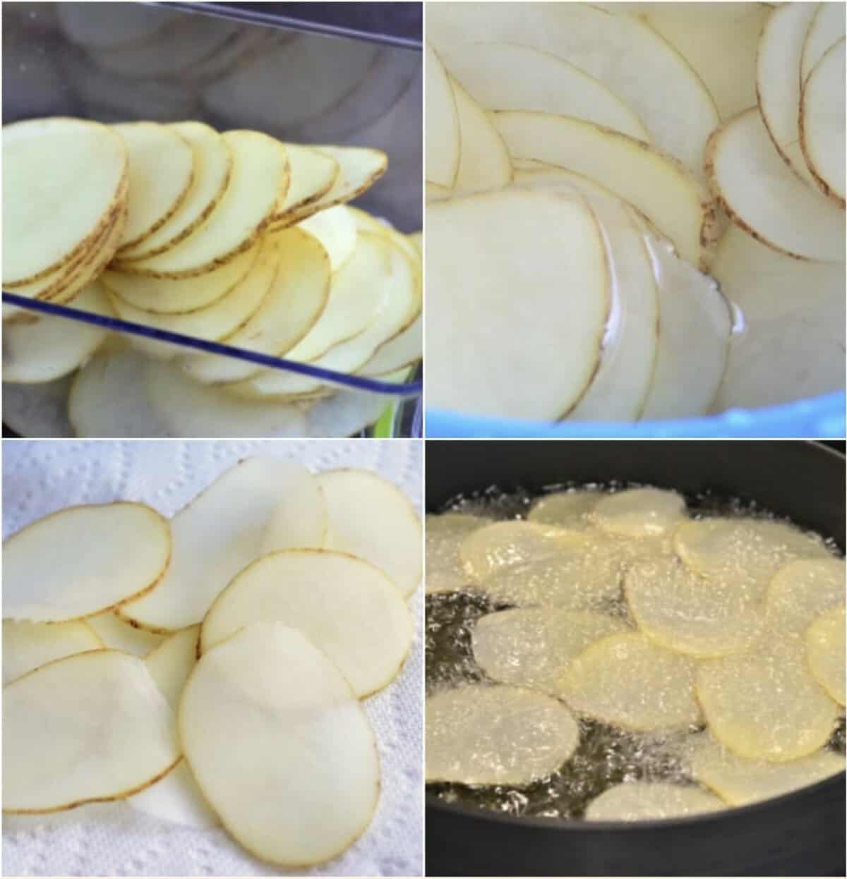 collage of four images of steps to make the homemade potato chips.