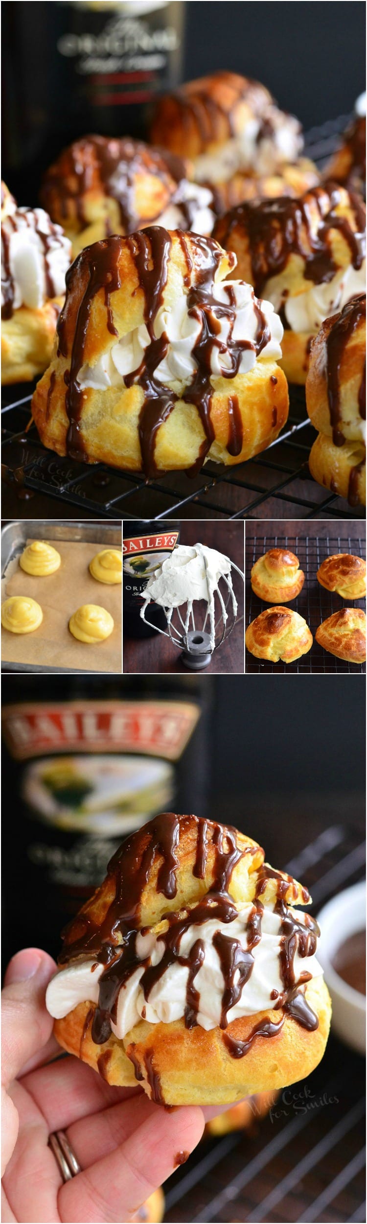 photo collage top photo Baileys Cream Puffs on a cooling rack, 2nd photo is steps to make puffs, uncooked puffs, whipped cream on a mixer beater, cooked puffs, last photo is holding a puff