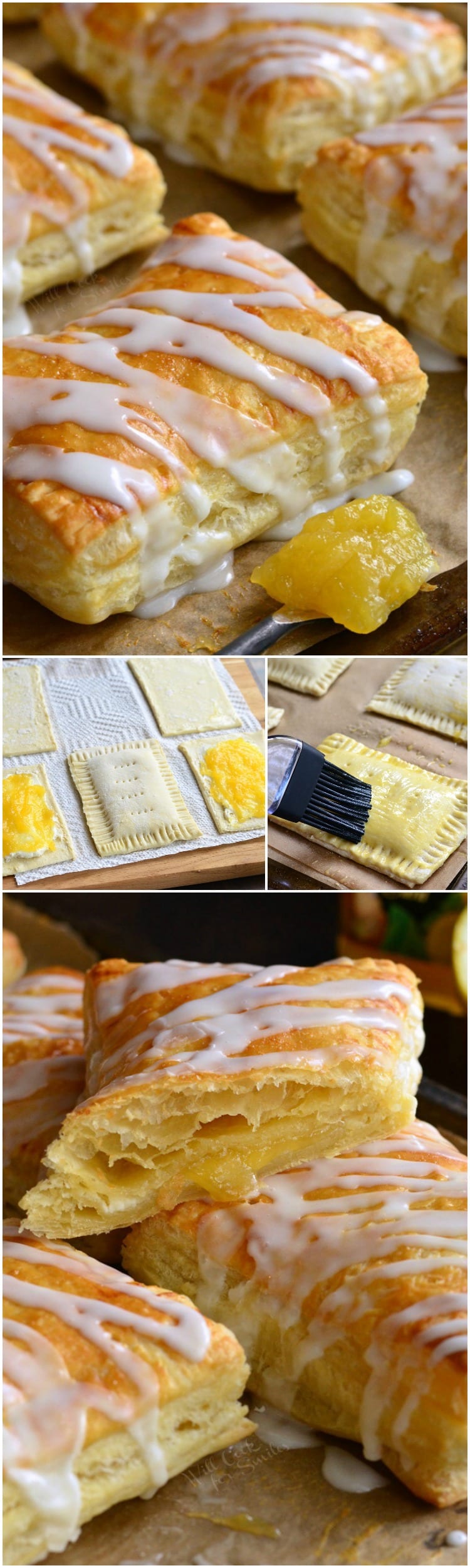collage top photo is Lemon Cheesecake Hand Pies on a baking sheet, 2nd photo putting egg wash on pastry, staked pies on a baking sheet 