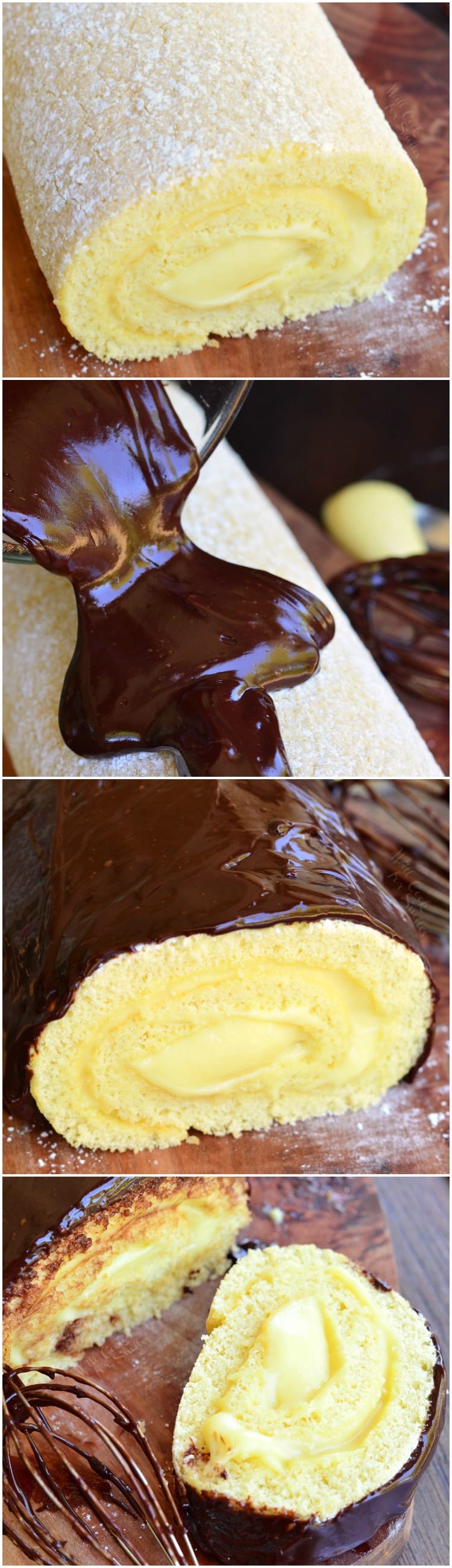 collage top photo Boston Cream Cake Roll 2nd photo with frosting being poured over it, 3rd photo cake roll on a cutting board, last photo is a slice of cake on a cutting board 