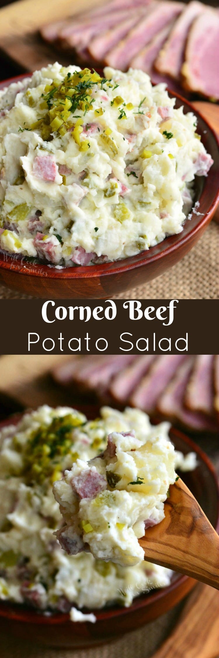 top photo is Corned Beef Potato Salad in a bowl bottom photo is potato salad on a wood spoon 