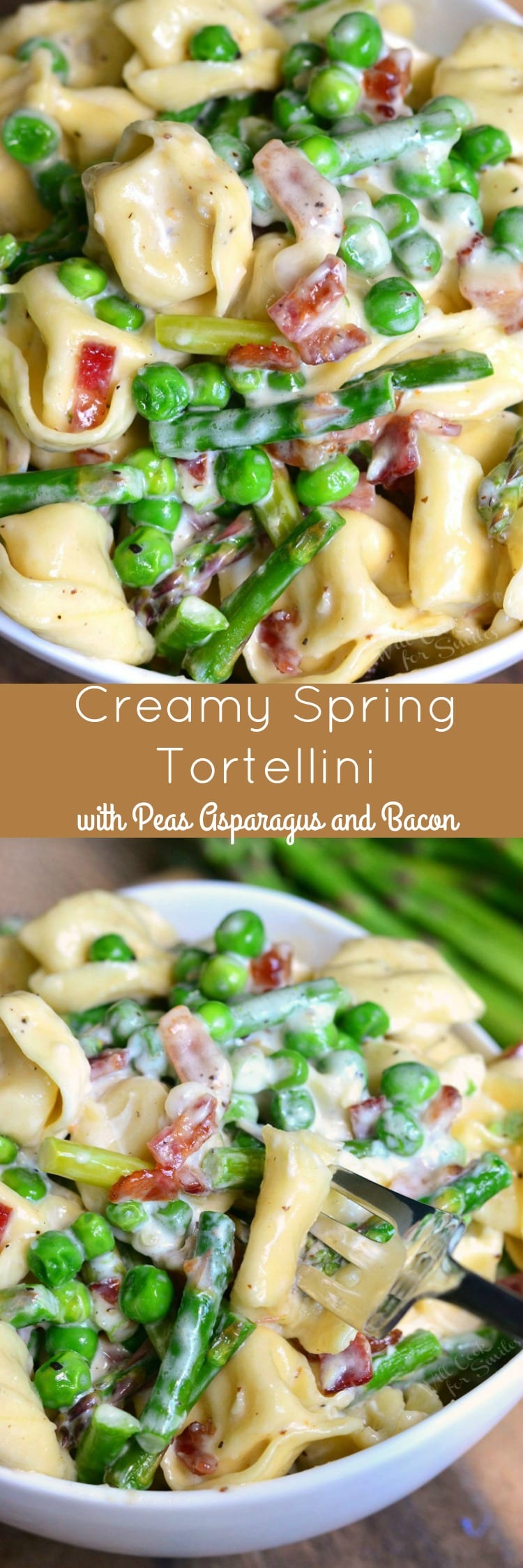 collage of two images of tortellini with bacon and veggies and title.