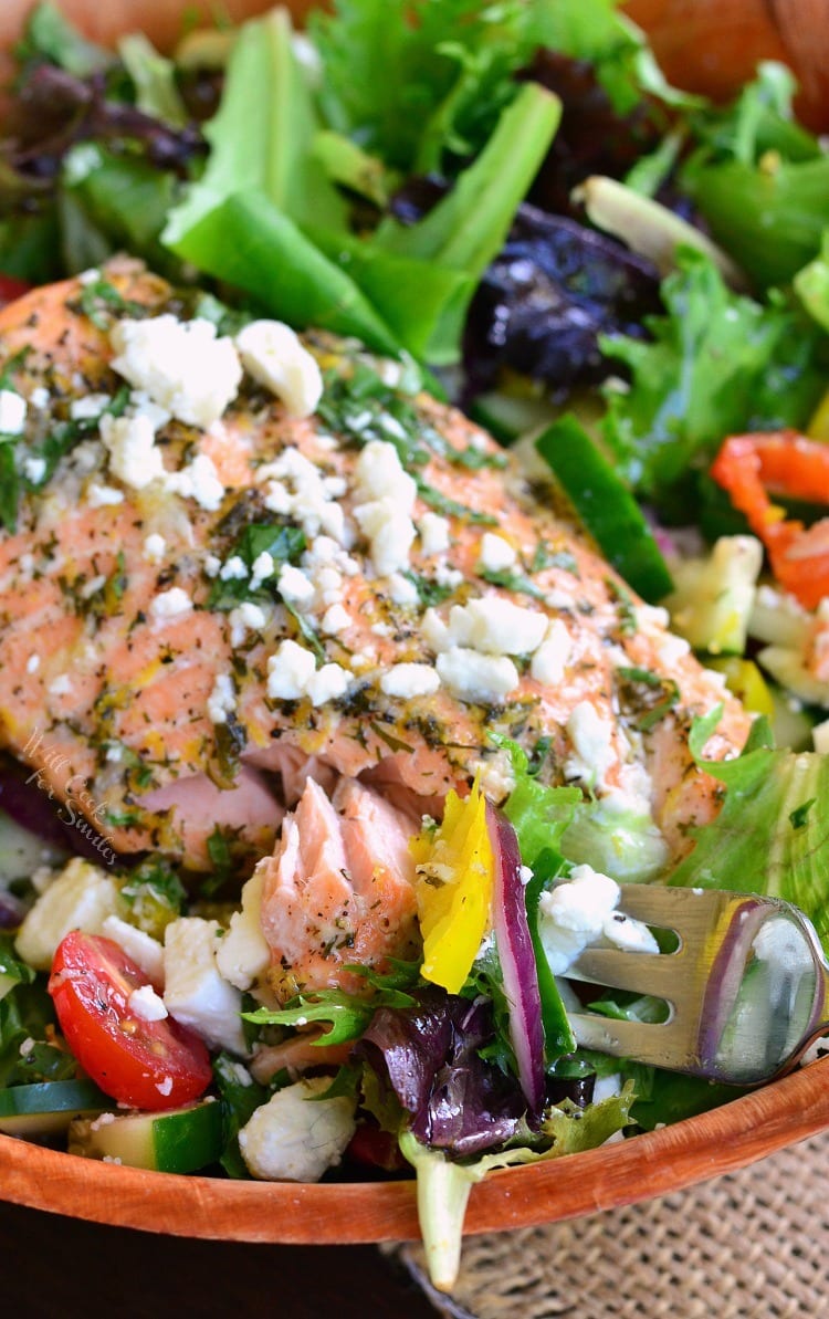 Greek Salmon Salad in a wood bowl 