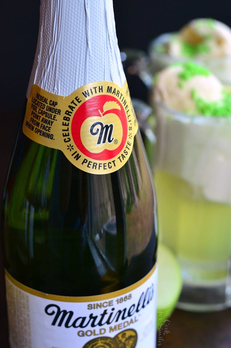 a bottle of Martinelli's Sparkling Apple Cider with a float in the background 