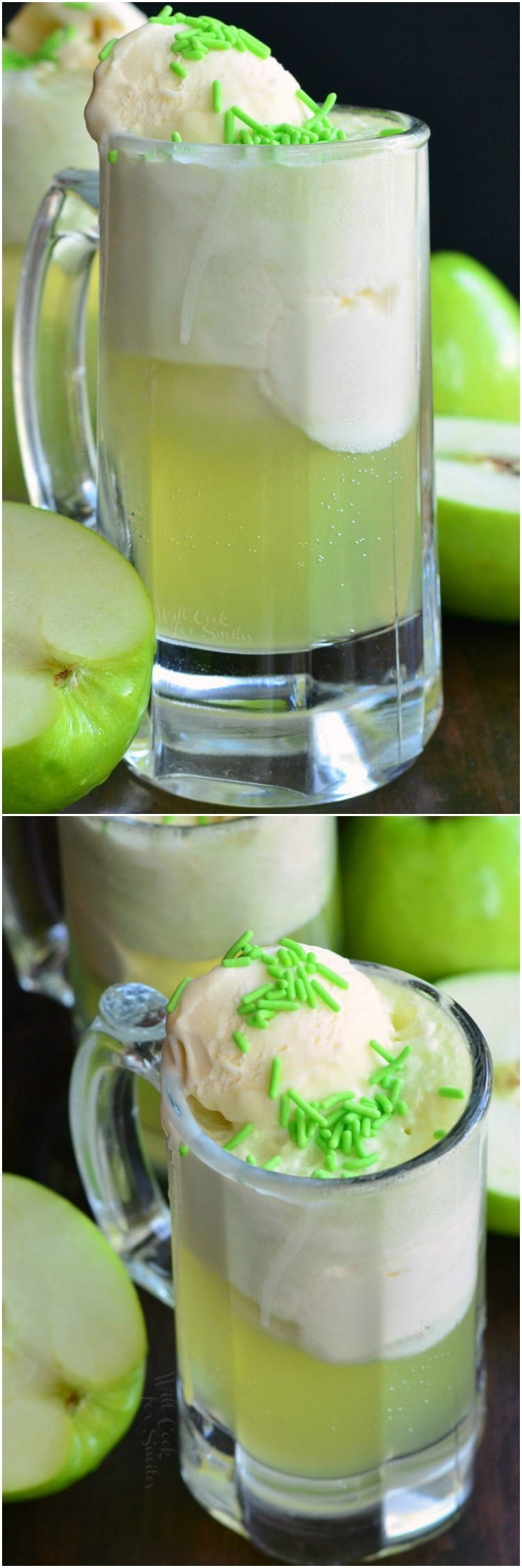 collage top photo Green Apple Ice Cream Soda Float in a glass and bottom photo top view float in a glass mug 