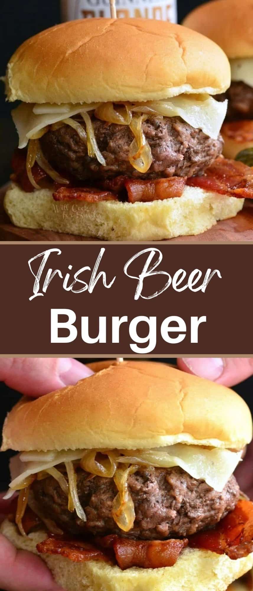 collage of two closeup images of Irish beer cheeseburger.