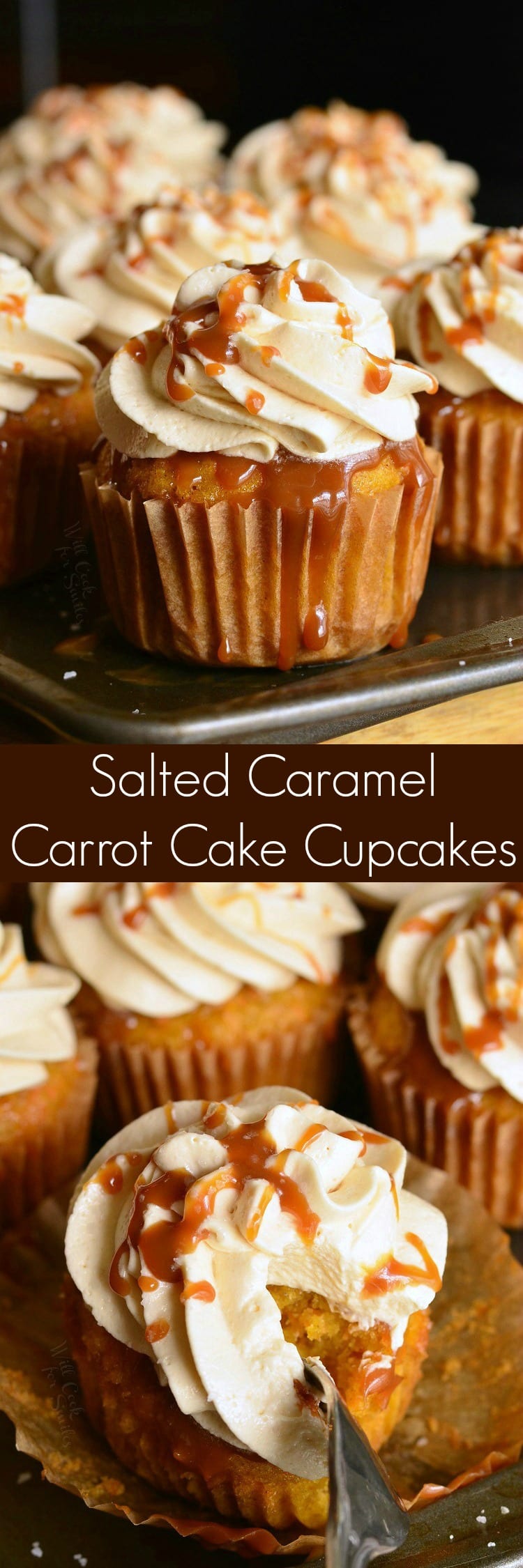 top photo is Salted Caramel Carrot Cake Cupcakes on a baking sheet bottom photo with a fork 