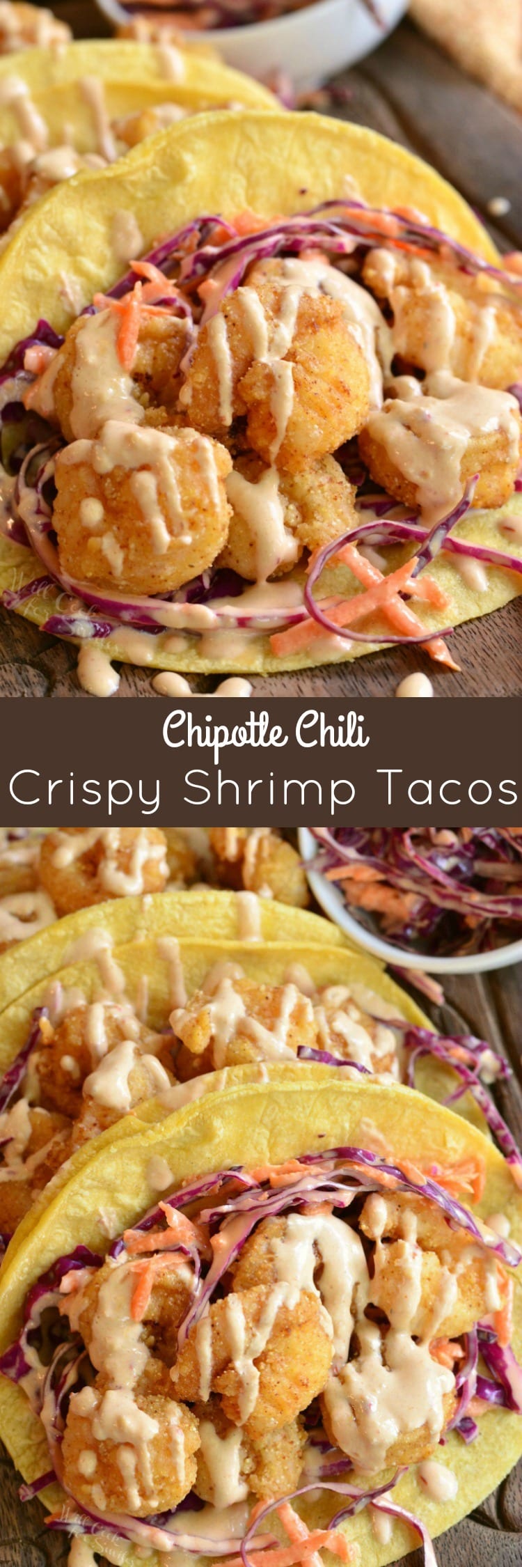 long collage of tacos with crispy shrimp, slaw, and drizzles sauce on top