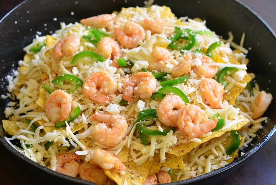 Jalapeno Shrimp Nachos in a pan 