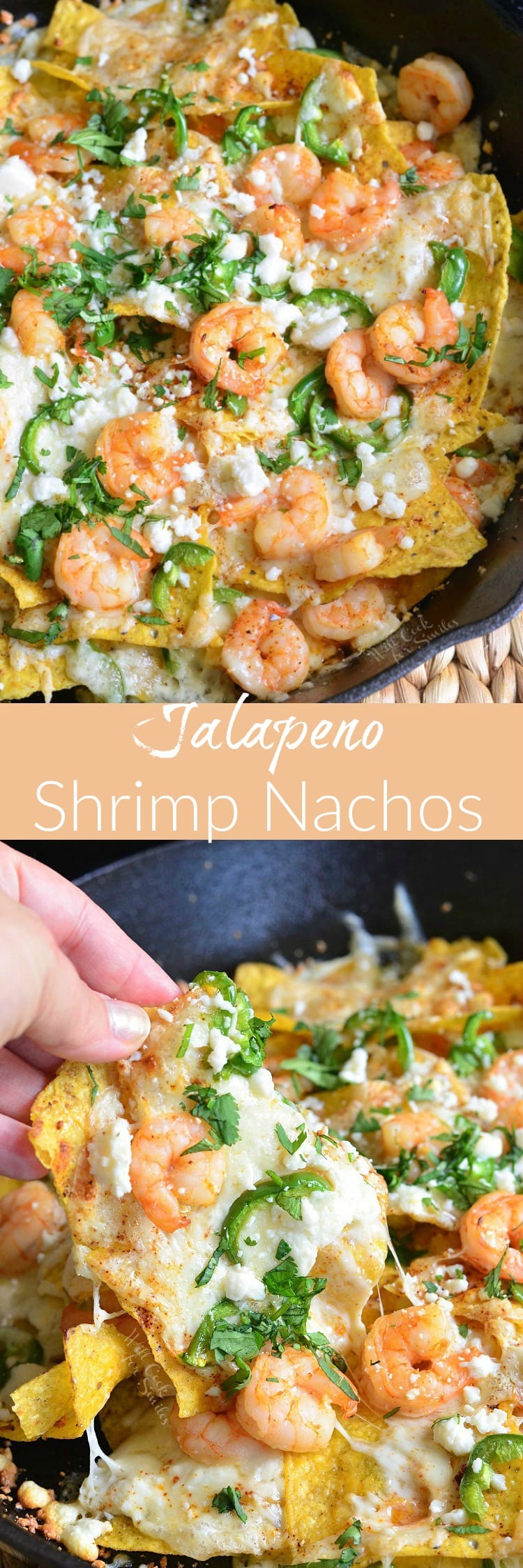 photo collage top photo Jalapeno Shrimp Nachos in a pan bottom photo lifting a nacho out of the pan 