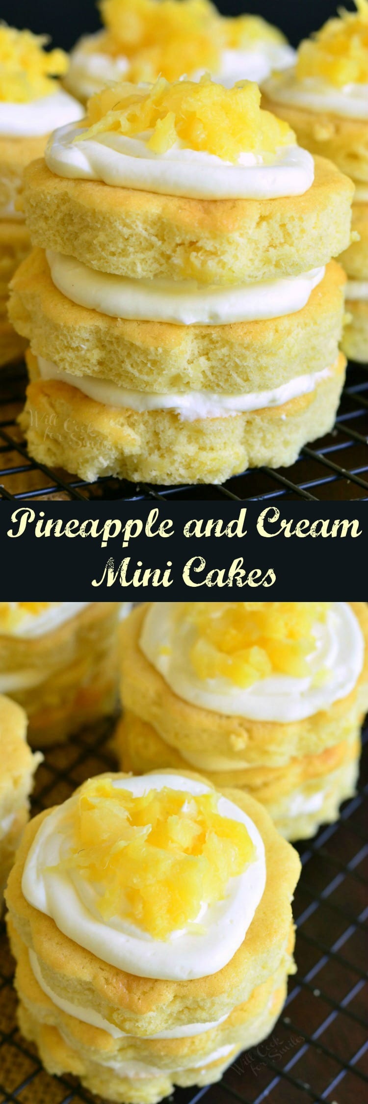 collage top view is Mini Pineapple Cakes on a cooling rack bottom photo top view of pineapple and cream cakes 