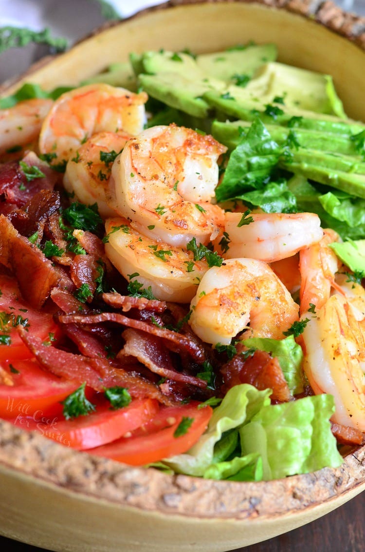 Shrimp BLTA Salad in a bowl 
