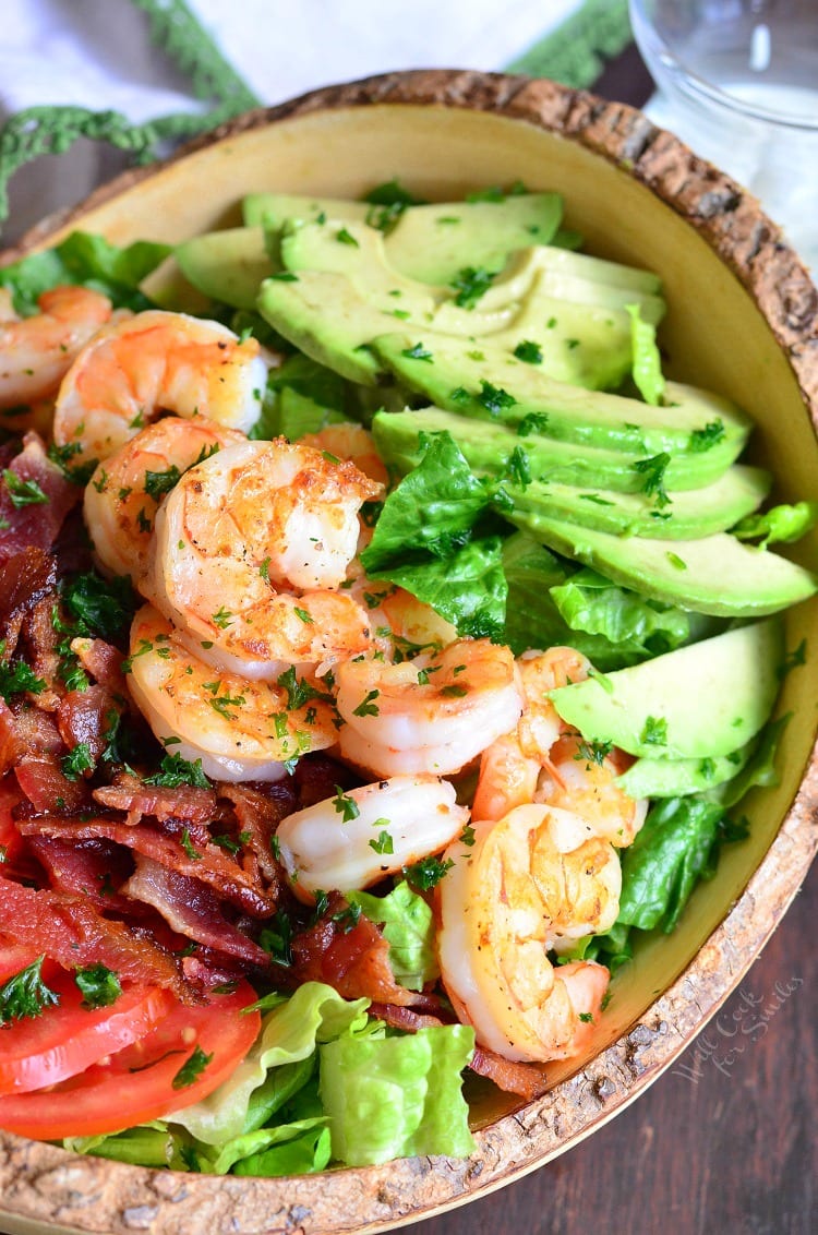 Shrimp BLTA Salad  in a bowl 