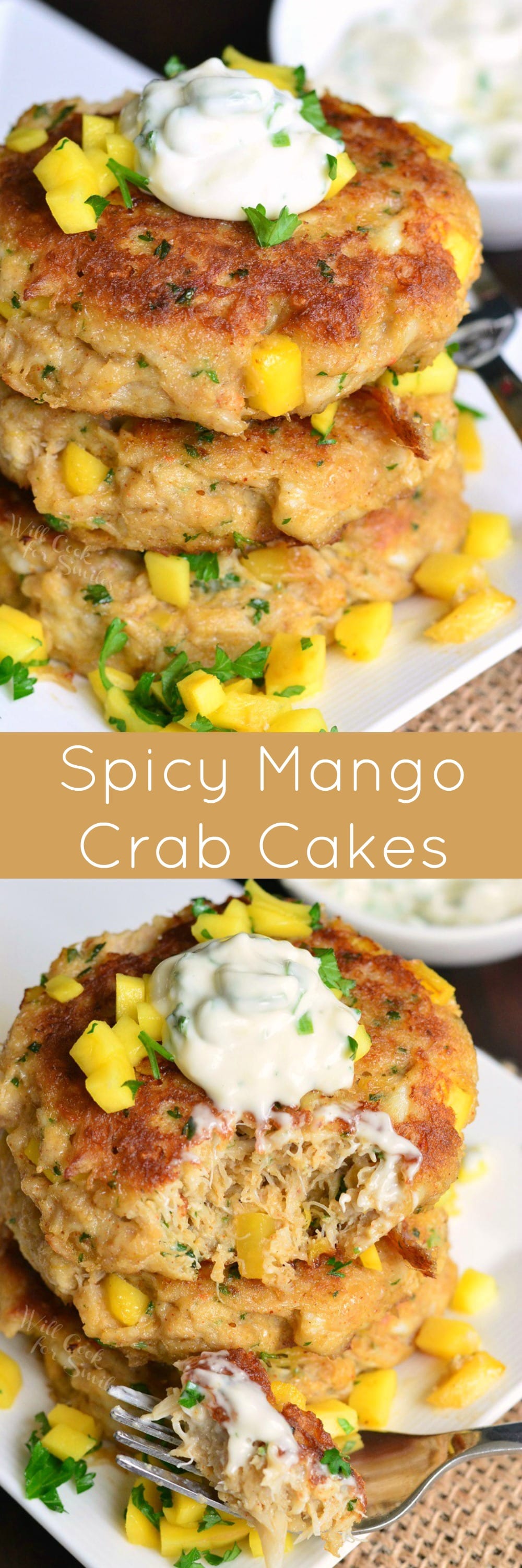photo collage top photo Spicy Mango Crab Cakes staked up on a plate bottom photo crab cakes on a plate with some on a fork 