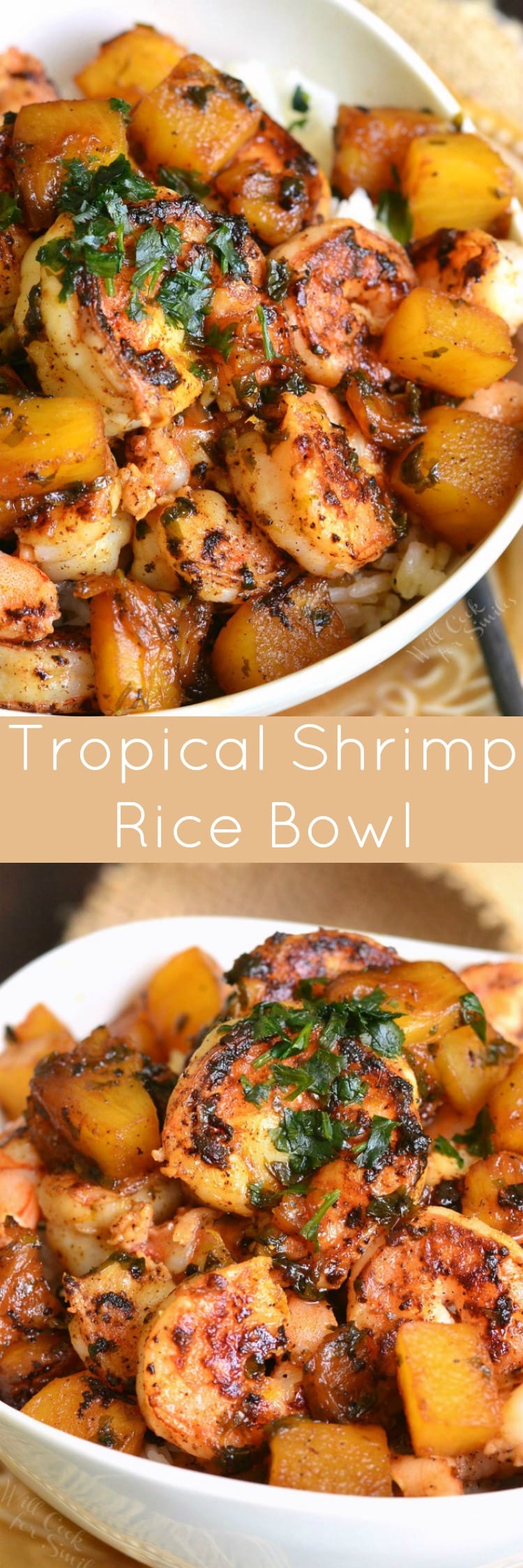 photo collage of 2 pictures of tropical shrimp rice bowl 
