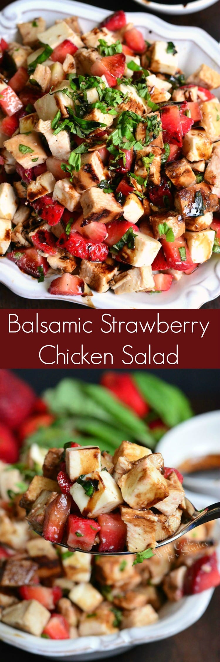 collage top photo top view of Balsamic Strawberry Chicken Salad in a white serving bowl bottom photo of salad on a spoon 
