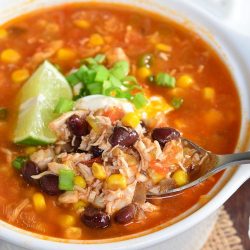 spooning out some chicken tortilla soup from white bowl.