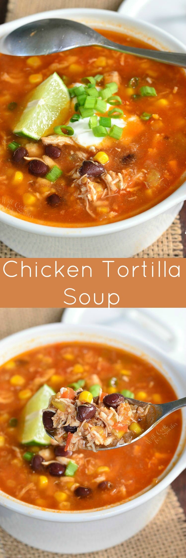 collage of two images of chicken tortilla soup and title.