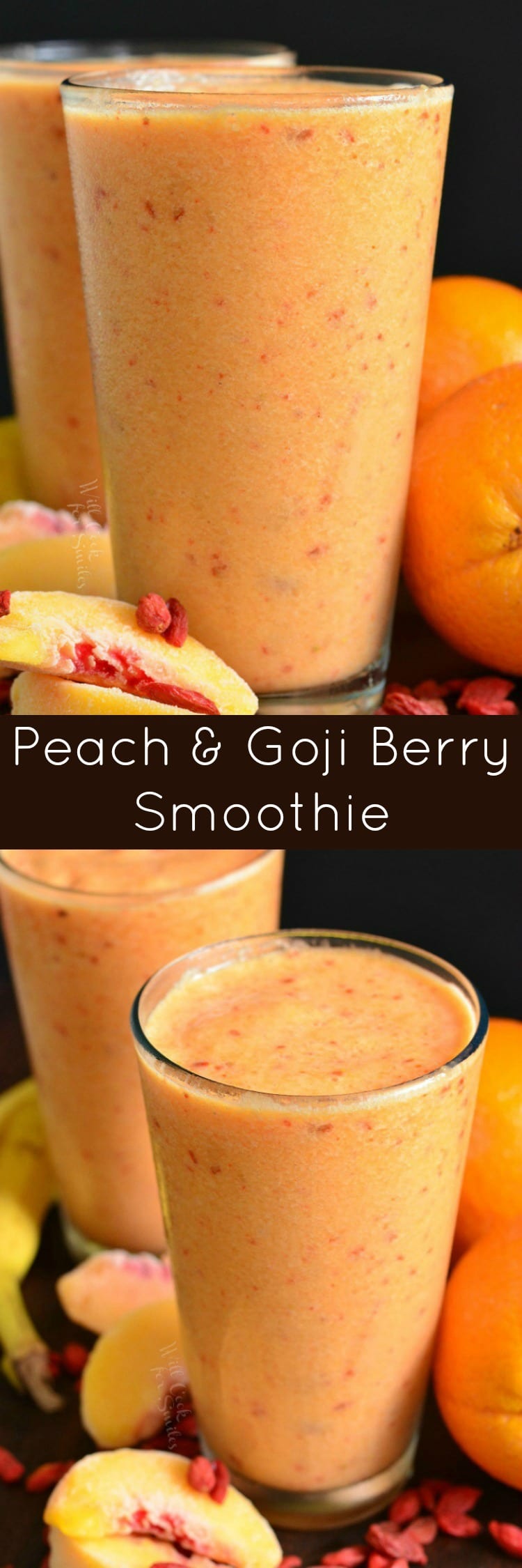 photo collage of 2 pictures both2 glasses of Creamy Peach and Goji Berry Smoothie in a glass on a table with a orange, peach, and goji berry around it