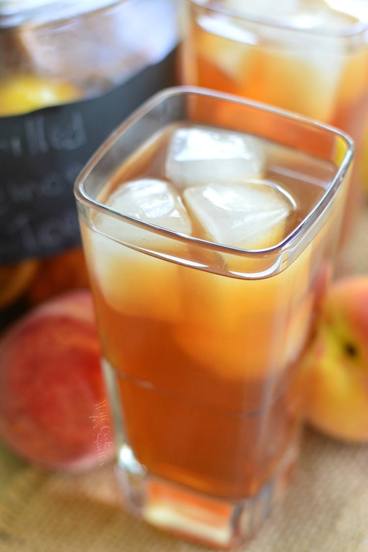 top view of Grilled Lemon Peach Iced Tea in a glass with ice 