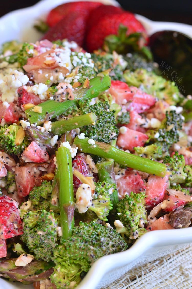 Strawberry Asparagus Broccoli Salad in a white bowl 
