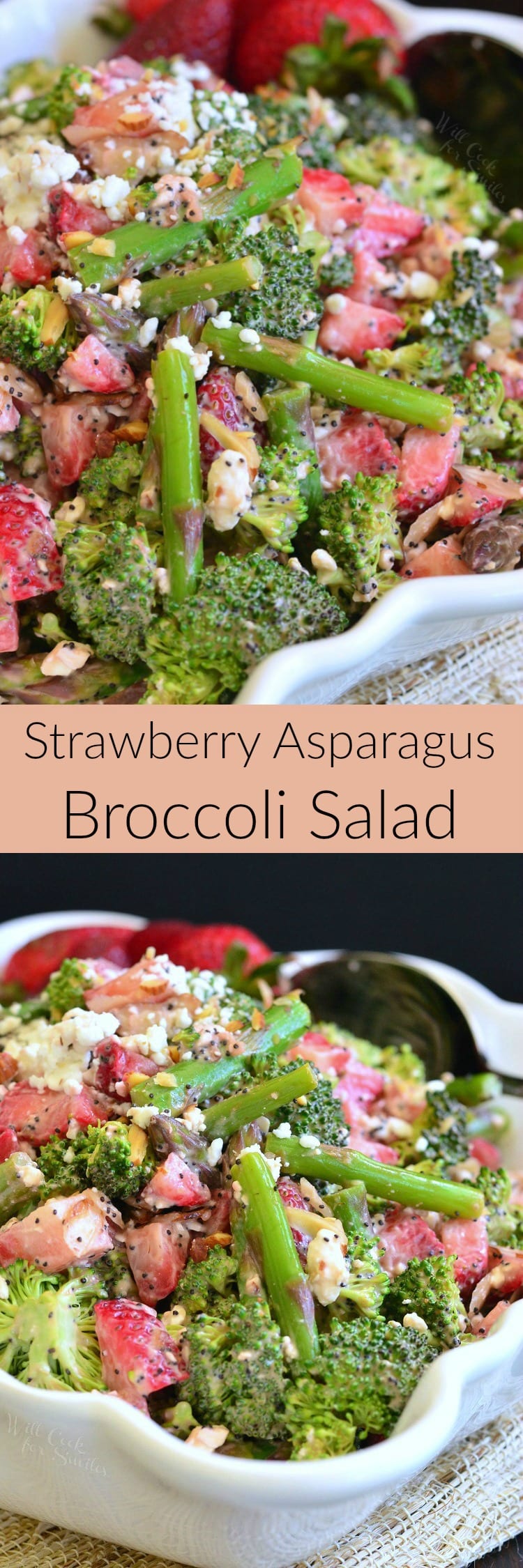 photo collage top photo top view of Strawberry Asparagus Broccoli Salad bottom photo salad in white bowl 