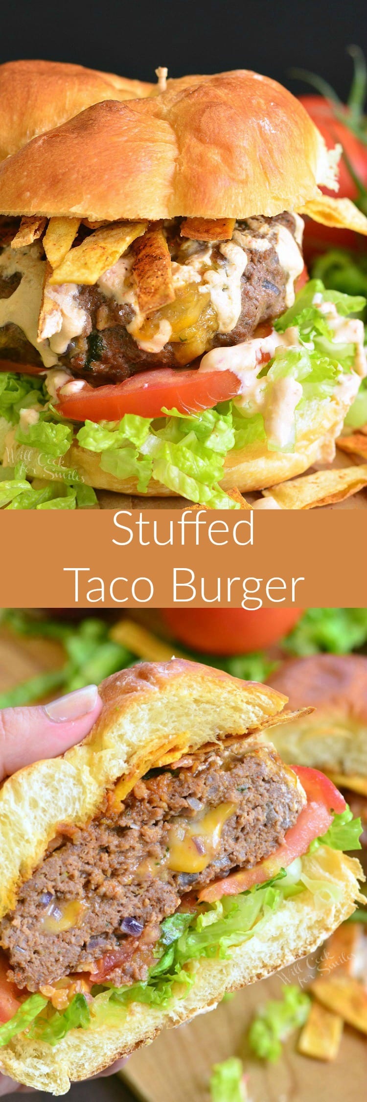 photo collage top photo is Stuffed Taco Burger on a bun with lettuce and tomato with tomato in the background bottom burger is burger sliced in half 