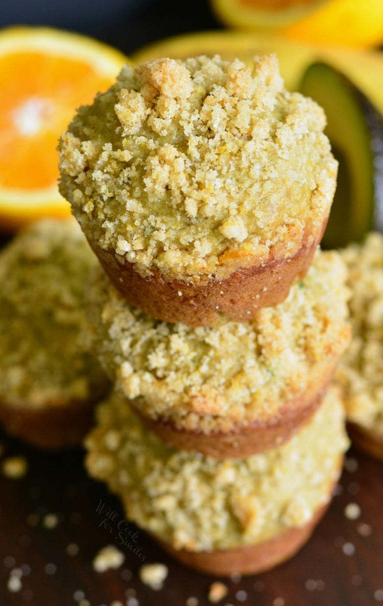 Avocado Banana Muffins with Orange Streusel on a cutting board 