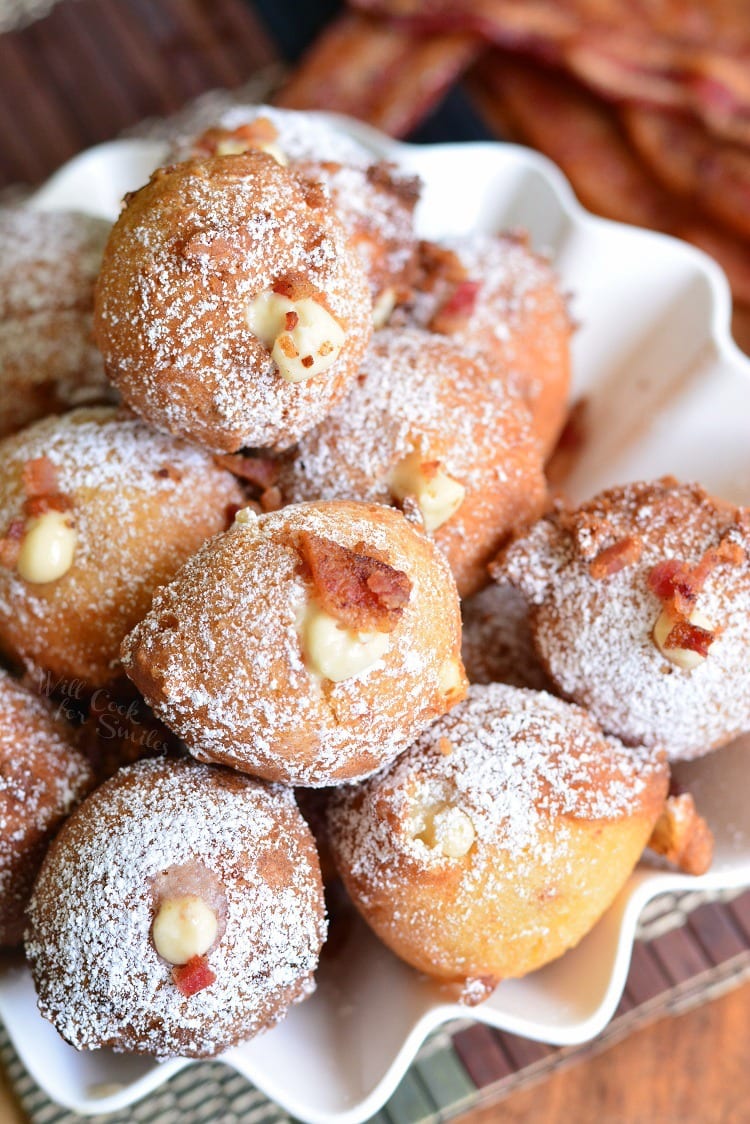 Close up of Bacon Brown Sugar Cream Doughnut Holes in a bowl 