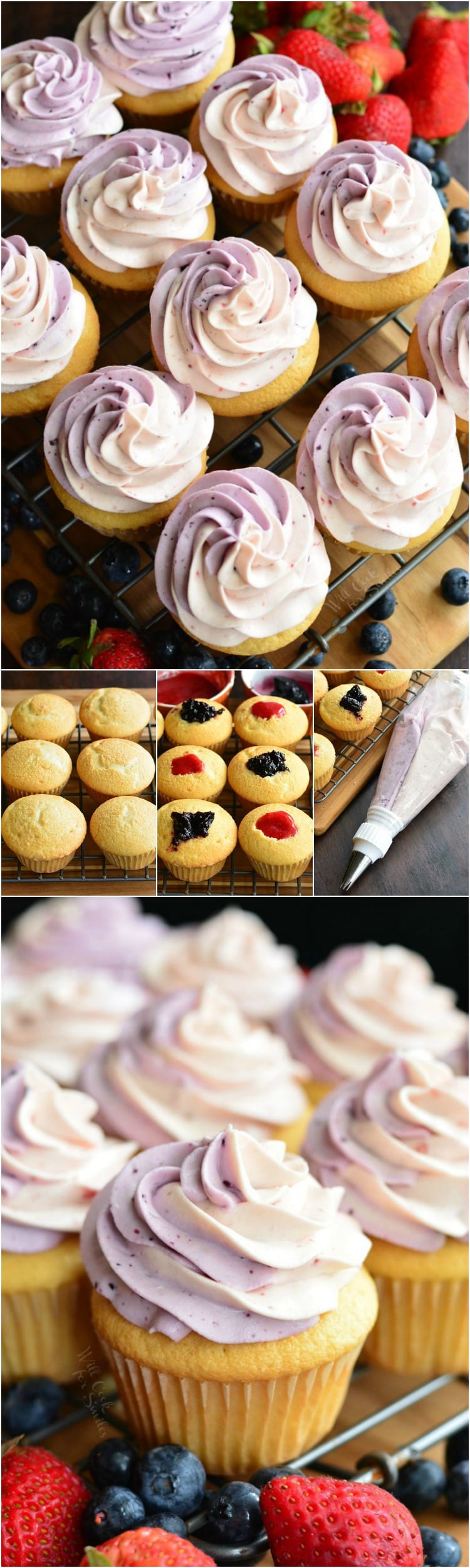 1st photo Berry Filled Cupcakes, 2nd photo filling inside of cupcakes with berry jelly, 3rd picture frosted cupcakes on a cooling rack 