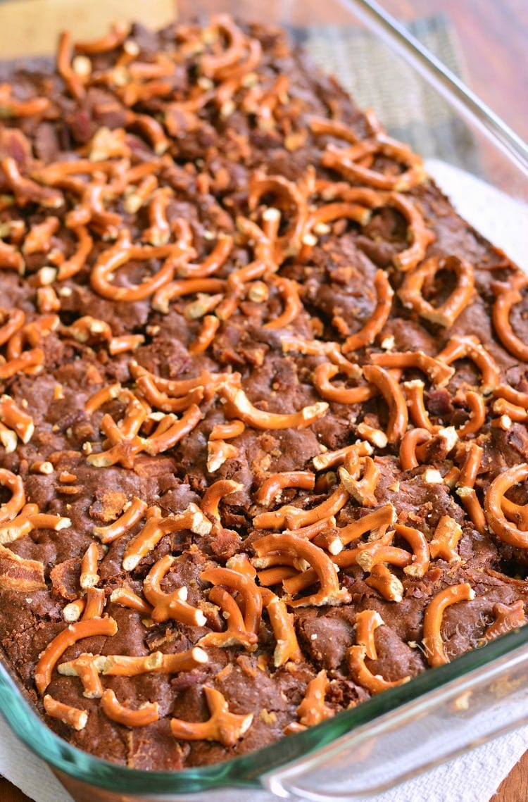 Pretzel Bacon Brownies in a pan 