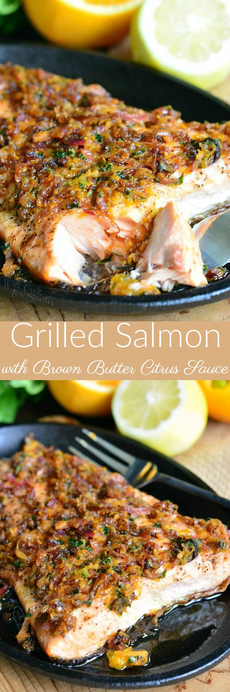 photo collage of Grilled Salmon with Brown Butter Citrus Sauce on a black plate 