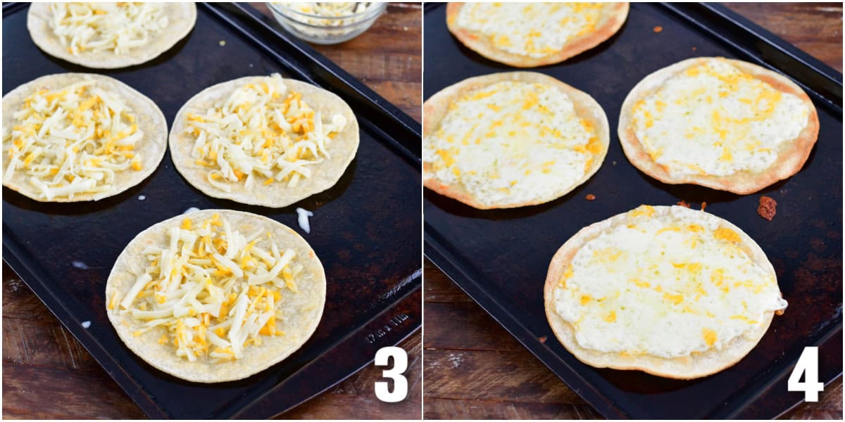 Collage of two images of tortillas topped with cheese before and after baking.