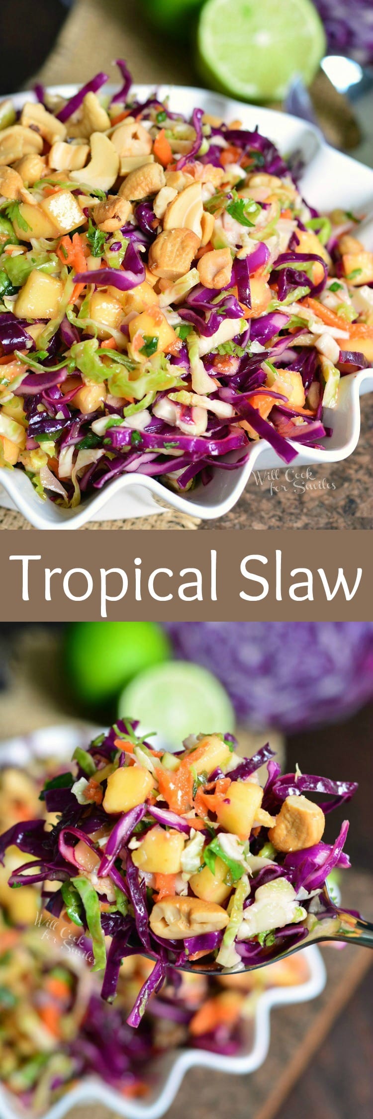 collage, top photo Tropical Slaw in a serving bowl bottom photo scooping out tropical slaw 