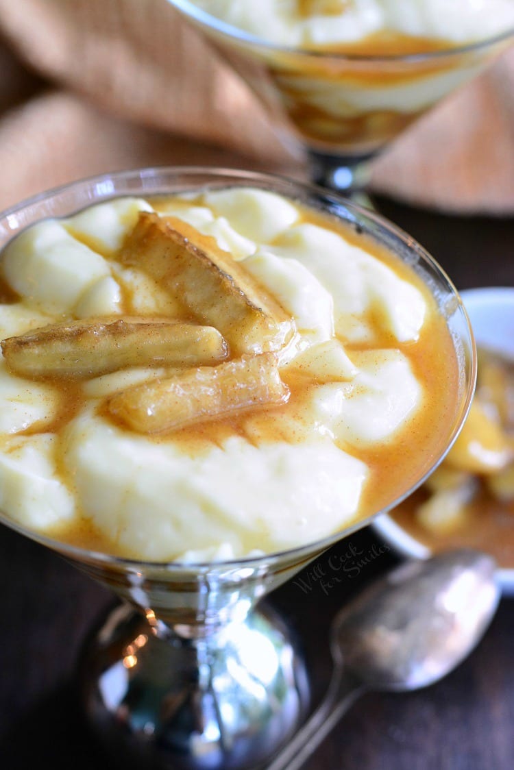 Bananas Foster Pudding Parfait in a martini glass top view 