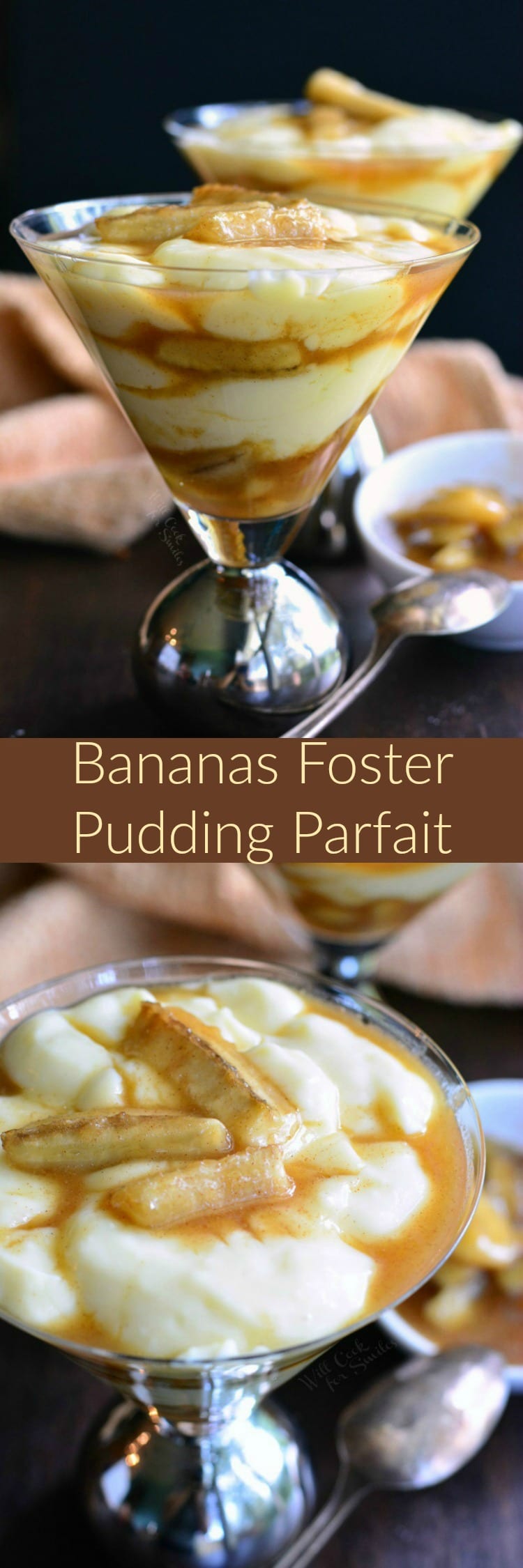 collage Bananas Foster Pudding Parfait in a martini glass bottom picture is top view of pudding in a martini glass 