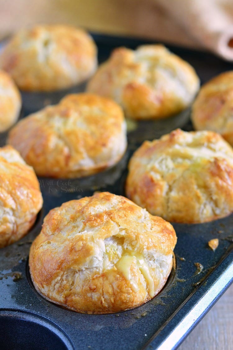 cooked Chicken Pot Pie Pockets in a muffin tin 