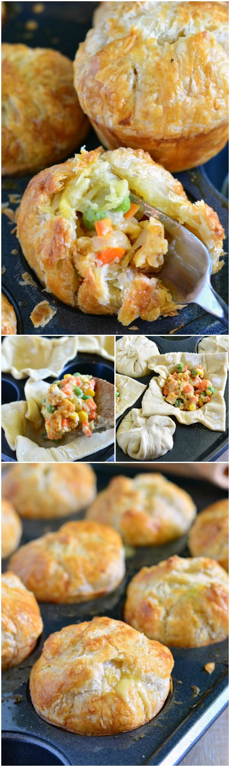 collage first picture is chicken pot pie with a fork. 2nd is spooning filling into uncooked pie crust 3rd picture Chicken Pot Pie Pockets in muffin tin 