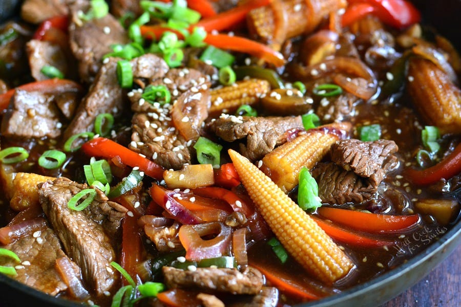 Sesame Steak Stir Fry in a pan 