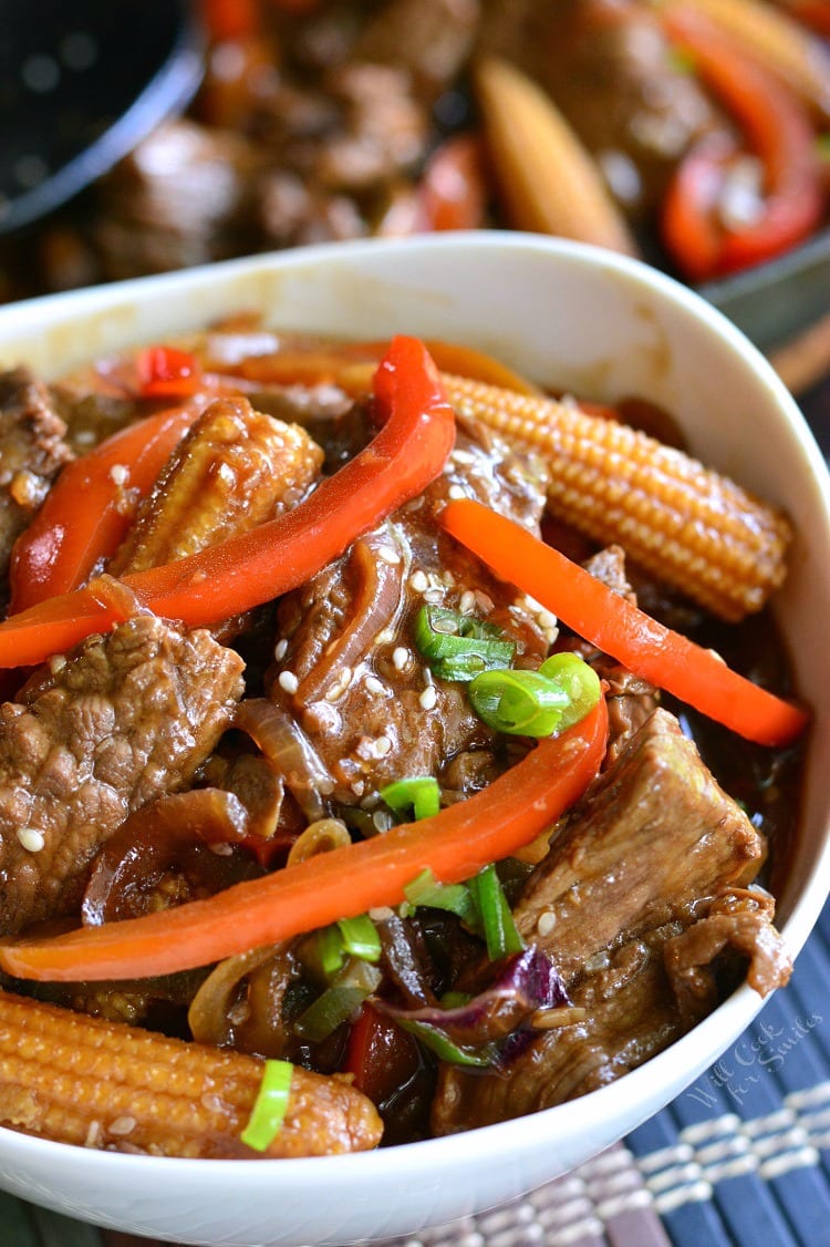 Sesame Steak Stir Fry in a white bowl 