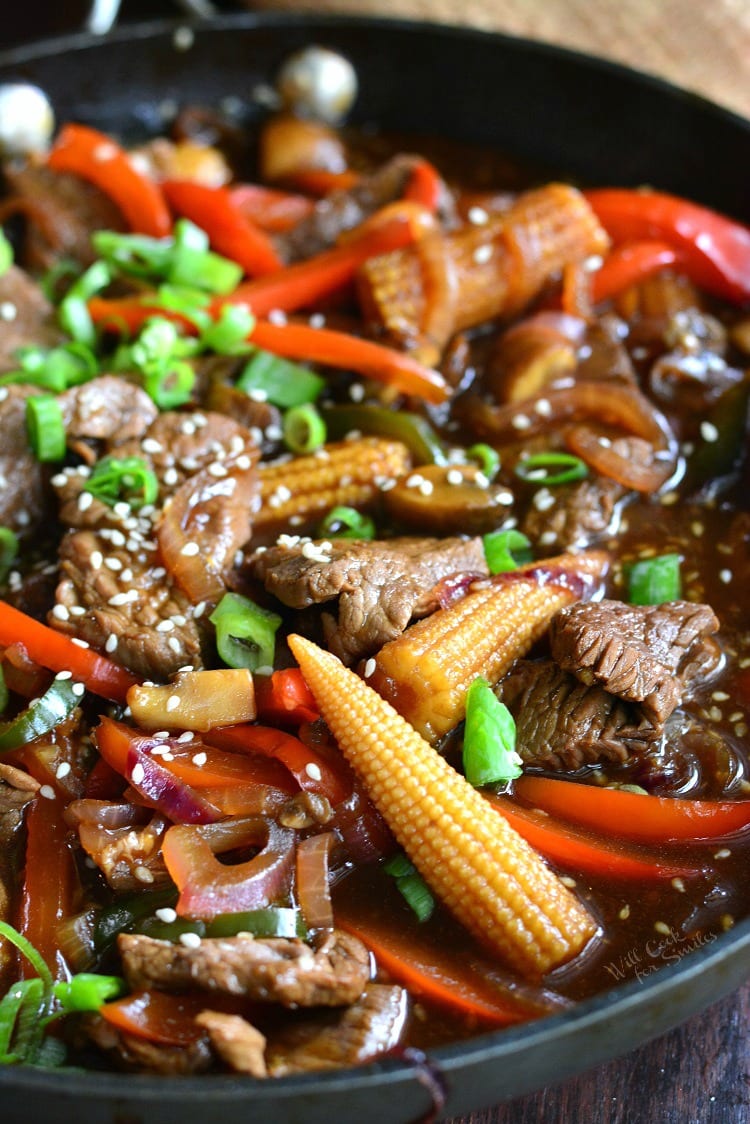 Sesame Steak Stir Fry in a pan 