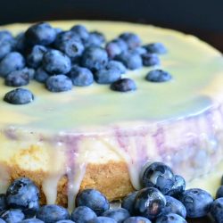 horizonal photo of white chocolate blueberry cheesecake.