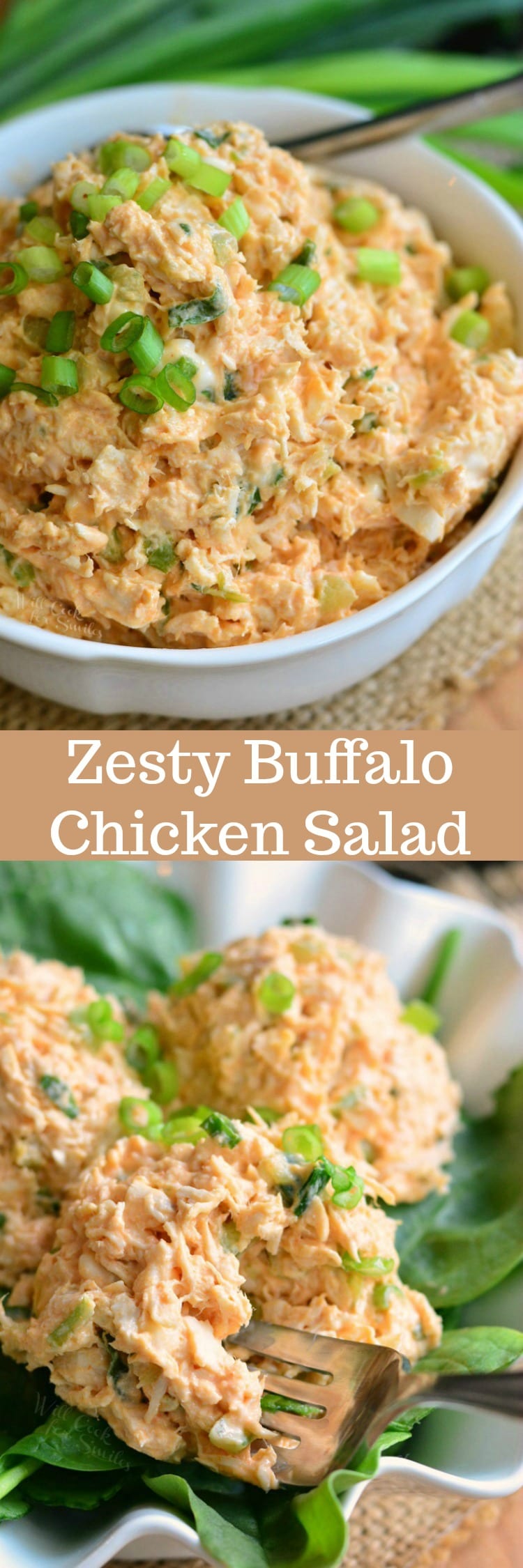 Collage top photo of zesty Buffalo Chicken Salad bottom photo of chicken on a bed of lettuce on a plate with a fork