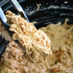 shredded chicken in a crockpot with some being picked up with tongs.