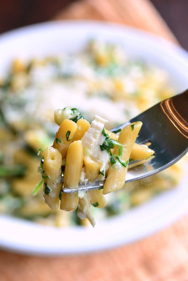 Garlic and Spinach Alfredo Chicken Pasta with cheese on top and bowl with a fork with some pasta on it 