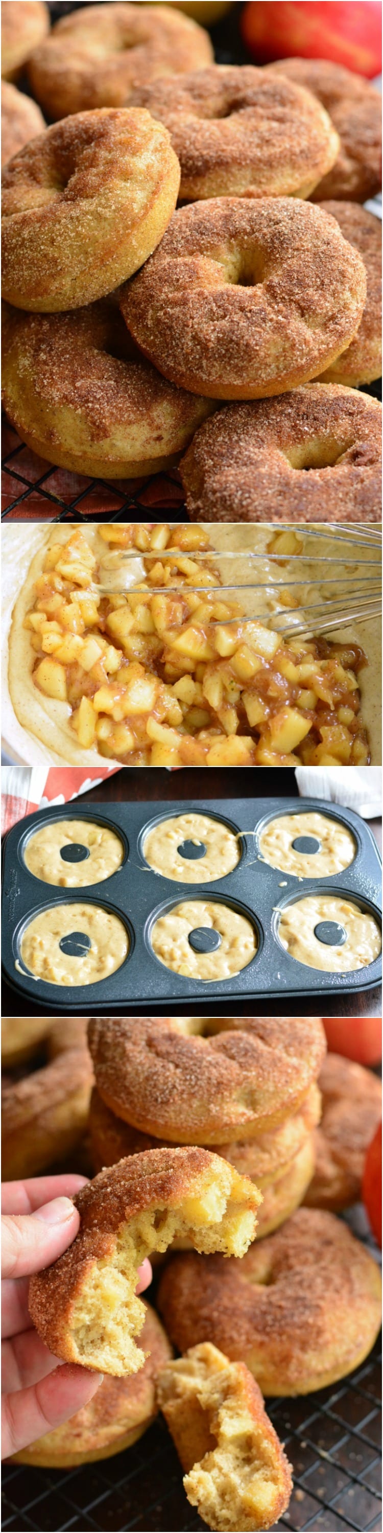 collage 1st picture of Apple Pie Baked Doughnuts stacked on cooling rack, 2nd mixture of batter and apples being whisked, 3rd donut batter in donut pan, 3rd me holding half the donut in my hand 